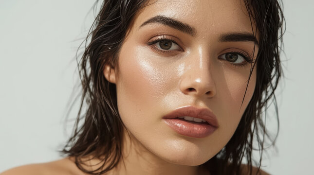 Wet hair close up portrait of woman with dewy skin and neutral makeup, lucid realism minimalist