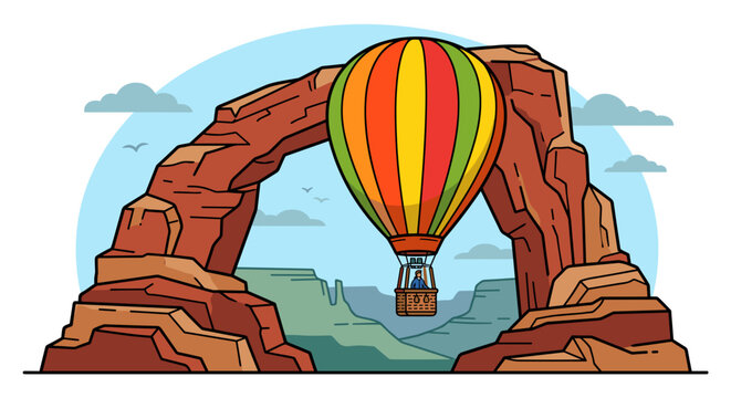 Rock arch and hot air balloon flying over a canyon landscape