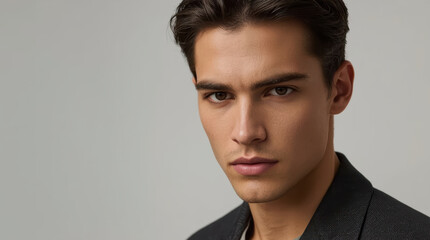 Obraz premium Young man portrait close up with neutral expression and minimalist background