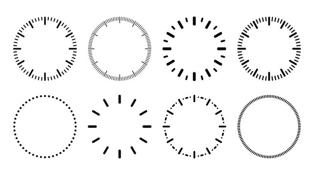 Set of minimalist circular clock faces and watch dial templates in various vector styles