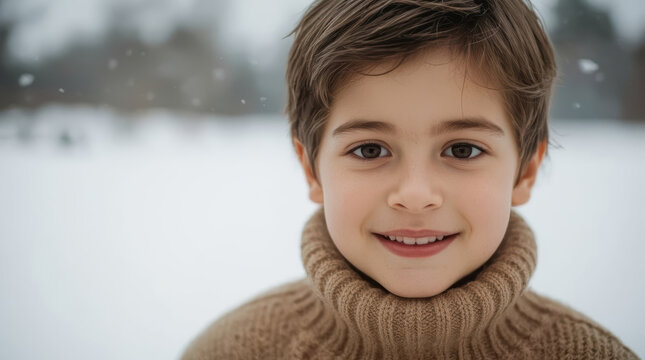 Cheerful young boy portrait in snowy outdoor scene wearing cozy brown turtleneck sweater