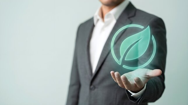 Businessman holding a glowing green leaf icon representing sustainable energy and environmental conservation in a modern professional corporate office setting