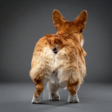 A corgi stands with its back to the camera, showcasing its fluffy fur and short legs
