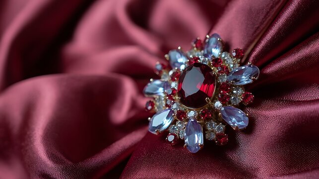 Exquisite vintage brooch with central ruby red stone and blue crystals on burgundy silk fabric.