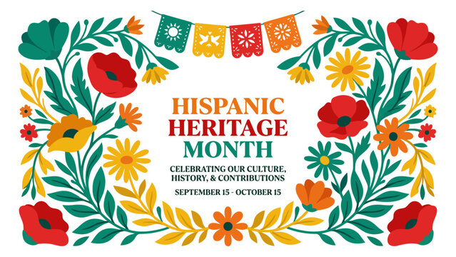 Hispanic heritage month banner with colorful mexican flowers and festive paper flags decoration