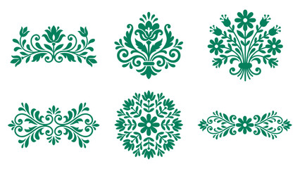 Set of green floral damask ornaments and decorative swirl scroll patterns for elegant designs © azad