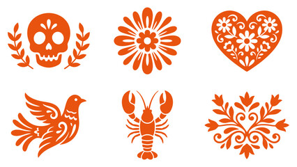 Fototapeta premium Set of decorative folk art icons including a skull flower heart bird lobster and floral design