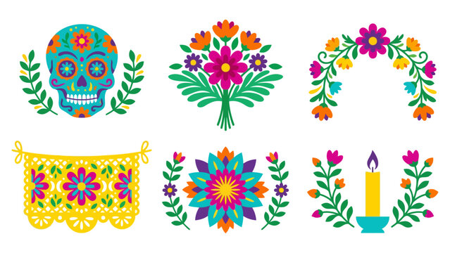 Day of the dead colorful skull flower and candle design set for mexican holiday celebration