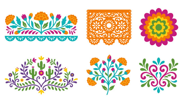 Set of colorful mexican folk art elements with flowers cactus and traditional paper decorations