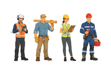 Obraz premium Construction workers illustration with tools vector graphic on white background