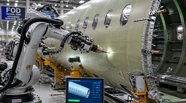 Robotic drilling system assembling aircraft fuselage panel with automated arm and control console in industrial production line