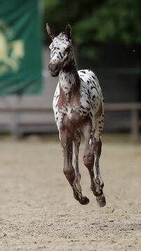 Spotted appaloosa foal galloping across a sandy arena in this high definition slow motion video footage capturing the graceful movement of the young horse with a striking brown and white coat as it ru