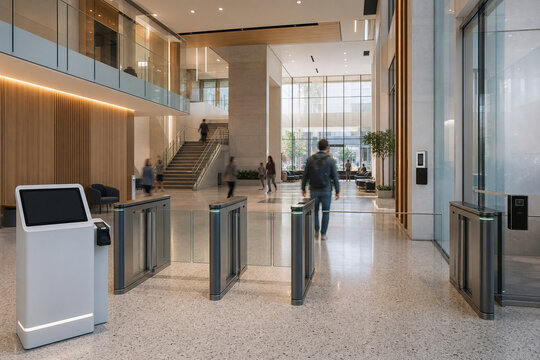 Bright corporate lobby interior with glass access gates, self service kiosk, stairs, blurred people, and contemporary architectural design.