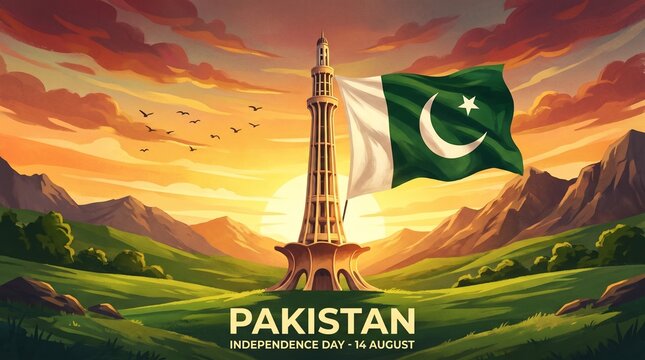Minar-e-Pakistan monument stands tall against a vibrant sunset sky while the national flag waves in celebration of independence day.