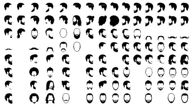 :
Mens Haircuts Beards and Mustaches Black Silhouette Vector Set for Barber and Grooming Design