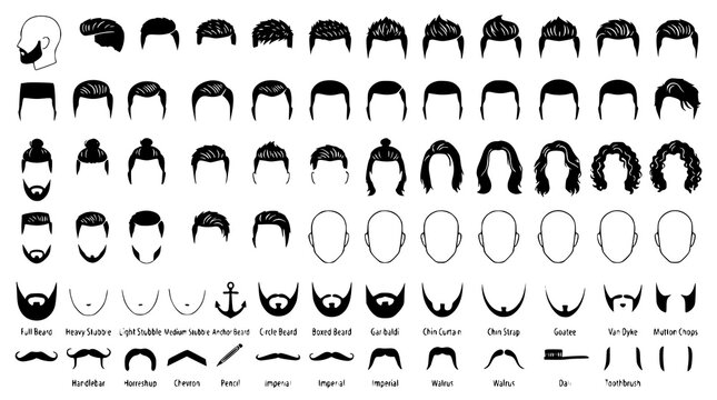 :
Mens Hairdressing Constructor Vector Collection with Haircuts Beards Mustaches and Black Silhouettes