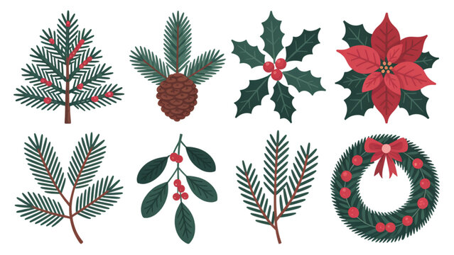 Set of colorful christmas and winter holiday decorative illustrations featuring holly leaves, berries, and poinsettias Vector, illustration