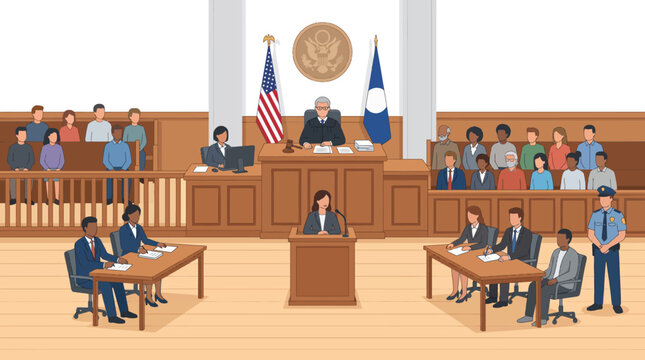 Diverse Group of Professionals Participating in a Formal Courtroom Trial Setting with Judge Lawyers and Jury Members