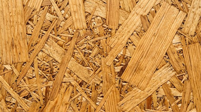 Detailed close up view of oriented strand board showing natural wood chips compressed into a sturdy brown textured building material