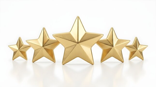 Five golden stars arranged in a row representing high quality ratings and excellent customer service satisfaction on white background
