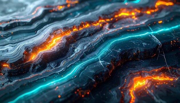 Glowing neon lava flows on dark.