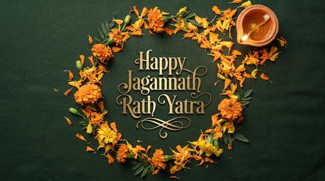 Happy jagannath rath yatra background with marigold flowers and diya