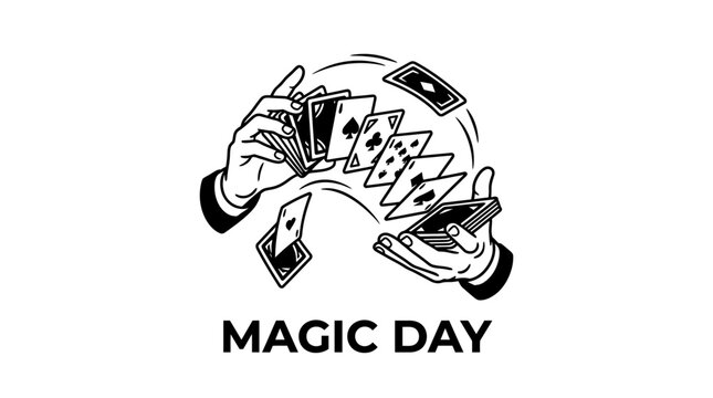 Magician hands performing card trick with magic day text illustration