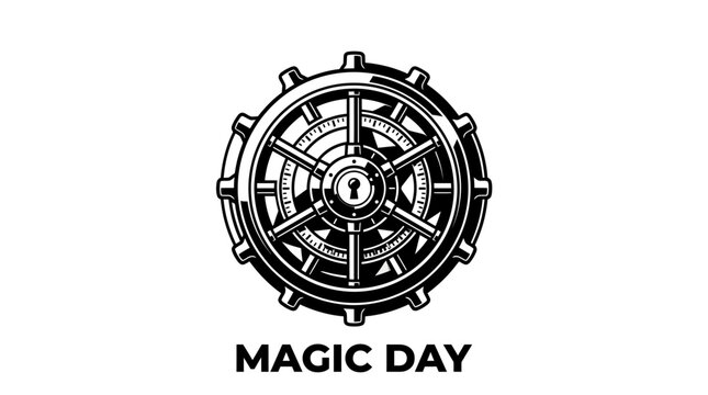 Mechanical vault wheel with keyhole and magic day text illustration