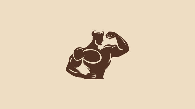 Powerful bodybuilder mascot flexing muscles on tan background.