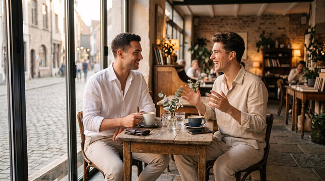Deux hommes discutant autour d&rsquo;un verre dans un caf&eacute; convivial