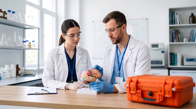 Professionnels de sant&eacute; &eacute;tudiant un cerveau avec une trousse d&rsquo;urgence
