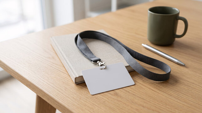 Badge professionnel vierge avec tour de cou pos&eacute; sur un bureau