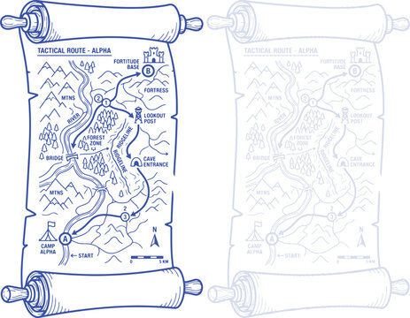 Vintage treasure scroll map with old compass path route showing exploration journey and tactical navigation
