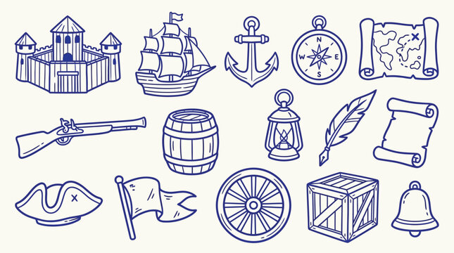 Collection of hand-drawn pirate and nautical adventure icons, including a ship, fort, and treasure map.