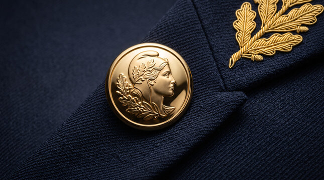 Bouton dor&eacute; &agrave; profil f&eacute;minin sur un uniforme officiel brod&eacute;