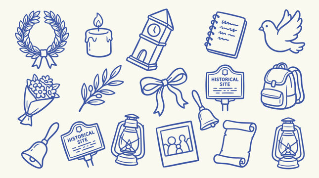 Collection of hand-drawn historical and educational icons, including a clock tower, notebook, and laurel wreath.