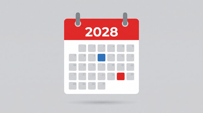 Calendrier mural indiquant l&rsquo;ann&eacute;e 2028 sur fond blanc