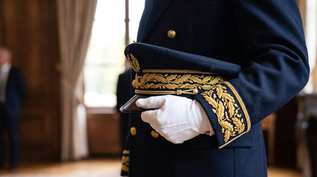 D&eacute;tail d&rsquo;un uniforme officiel avec broderies dor&eacute;es et gants blancs