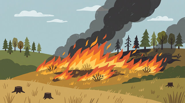 Feu de for&ecirc;t illustr&eacute; se propageant sous un nuage de fum&eacute;e noire