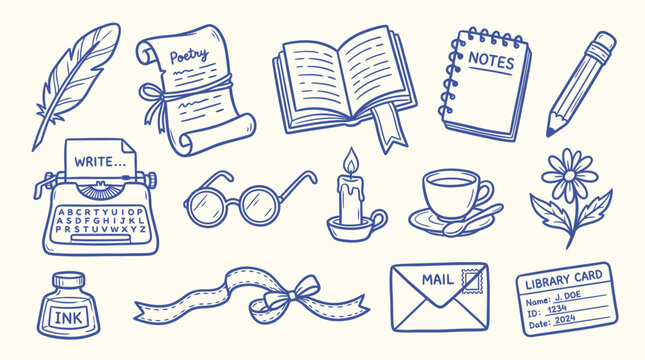 Collection of hand-drawn writing and reading icons including a typewriter, book, feather, and ink.