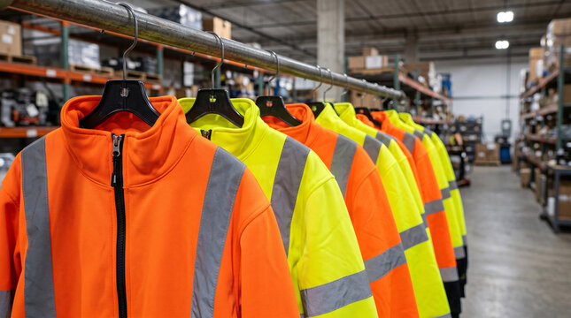Vestes de s&eacute;curit&eacute; haute visibilit&eacute; suspendues dans un entrep&ocirc;t industriel