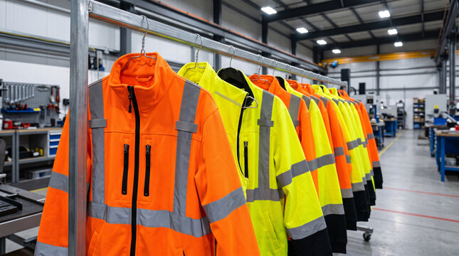 Rang&eacute;e de vestes r&eacute;fl&eacute;chissantes dans un atelier industriel