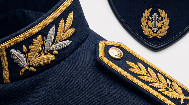 D&eacute;tails de casquettes et &eacute;paulettes officielles orn&eacute;es de broderies dor&eacute;es