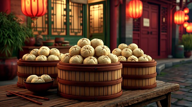 Steamed bao buns arranged in bamboo baskets on a rustic table with glowing lanterns in a traditional Asian street setting