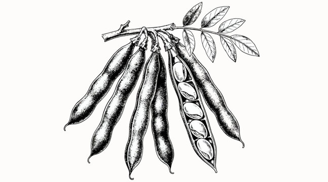 Vintage Hand Drawn Botanical Illustration of Fava Bean Pods