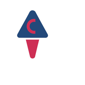 Blue triangle with red letter C and red shape