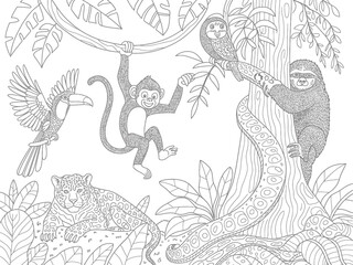Fototapeta premium Cute jungle animals illustration featuring monkey toucan sloth and jaguar on transparent background