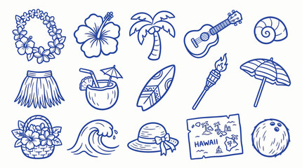 Collection of Hawaiian Icons and Symbols for Tropical Vacation and Summer Fun. © zainab
