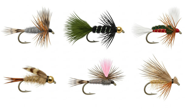 Premium fly fishing bait set with feathers vector illustration isolated on white background