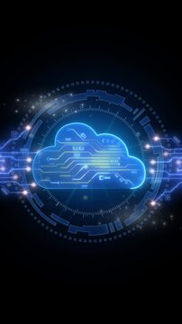 Cropped vertical shot of businessman's hand showing glowing cloud computing microchip circuit icon. Neon blue lighting background, advanced global database hosting and cloud storage concept.